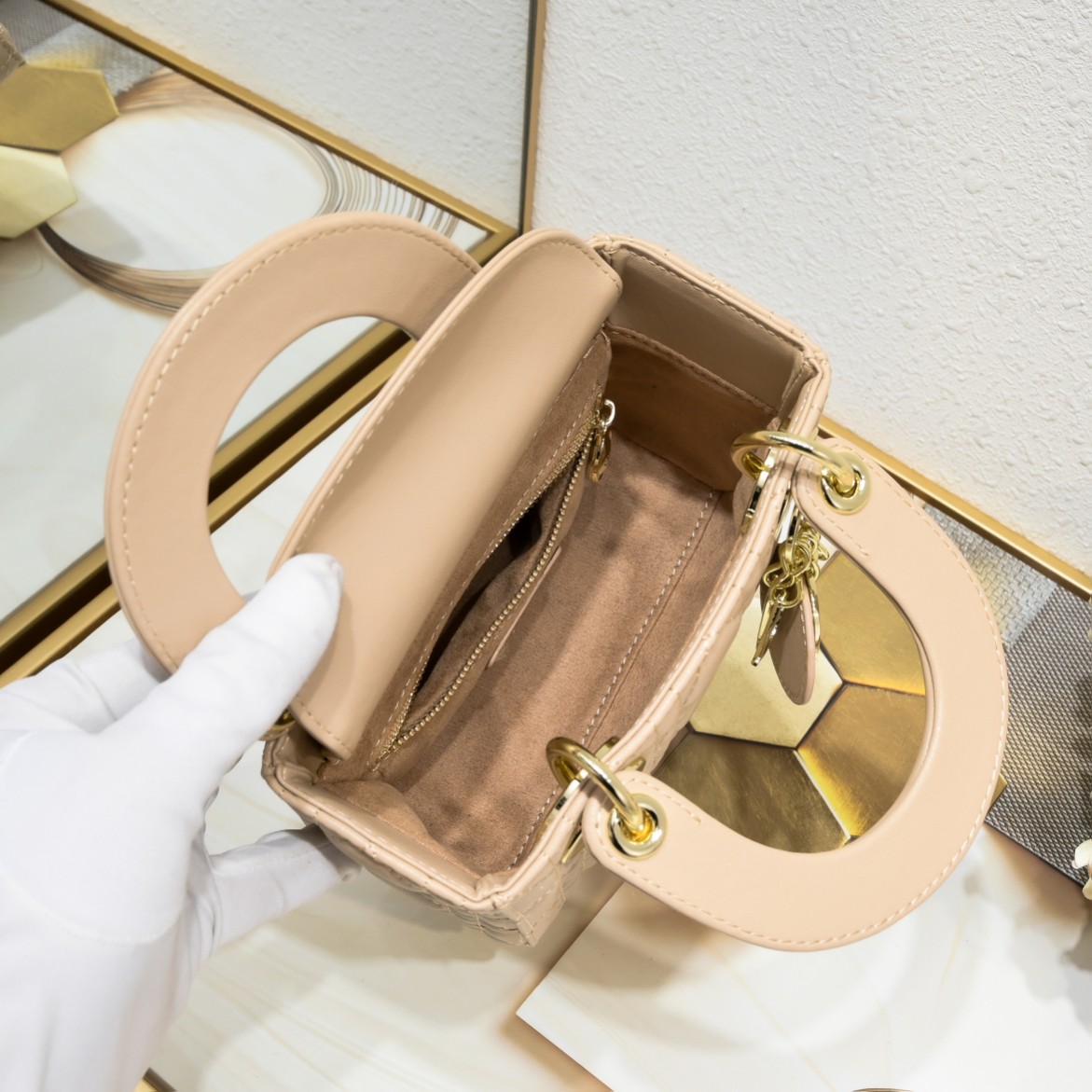 Mini Lady Dior Bag Apricot Sheepskin 2077 LM051 17cm