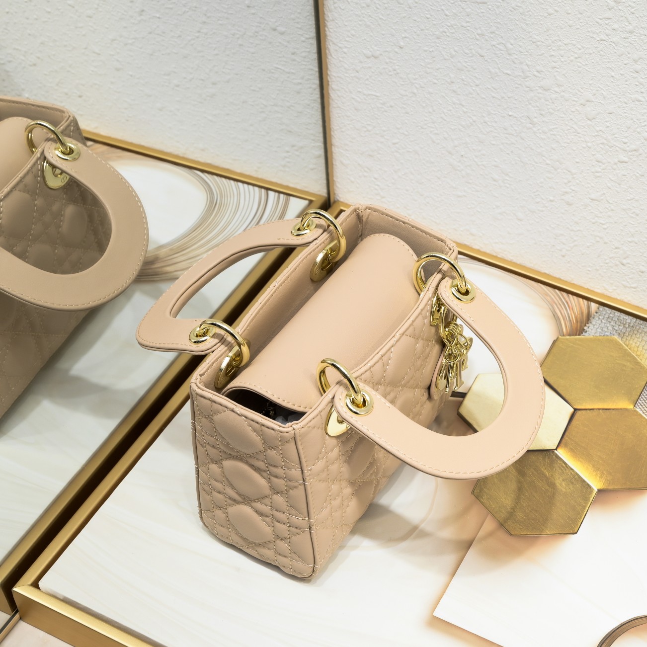 Mini Lady Dior Bag Apricot Sheepskin 2077 LM051 17cm