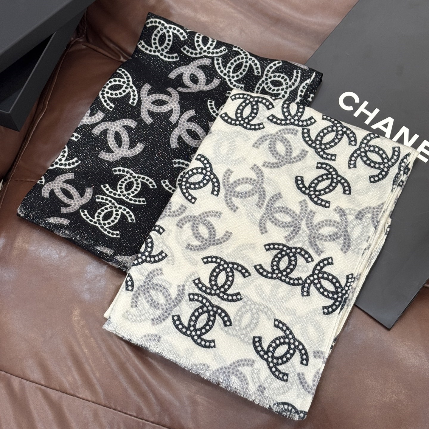Chanel Scarf Silver Line Double C Pattern Scarf 100% Cashmere 110*200cm Accessories