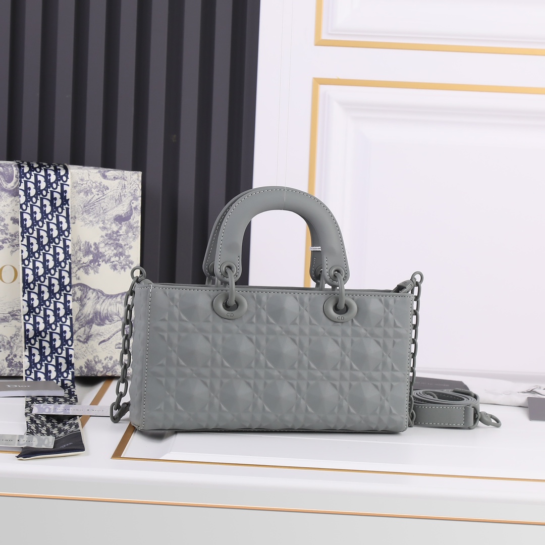 Medium Lady D-Joy Bag Gray with Diamond Motif 2099 XB012 26cm