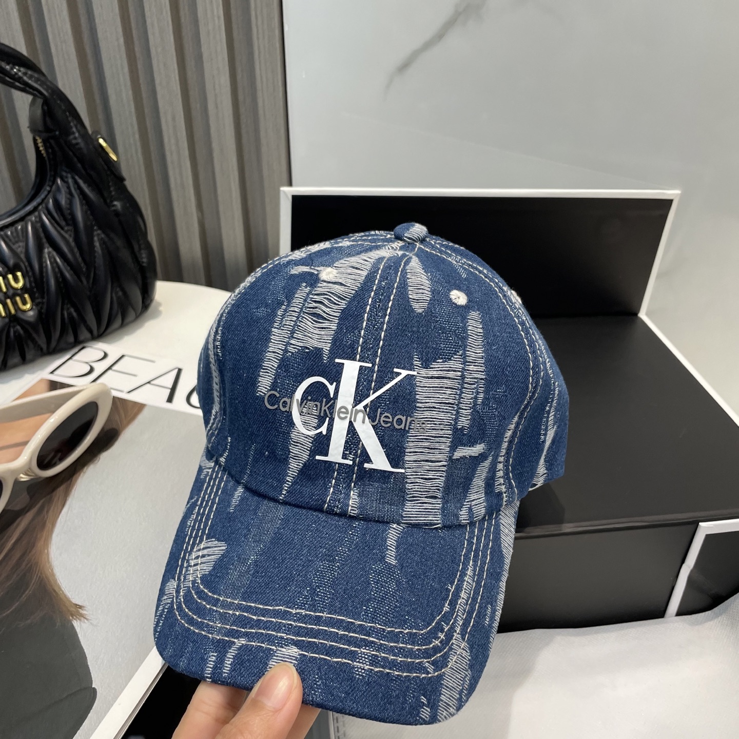 CK Hat Washed Distressed Denim Baseball Cap Accessories