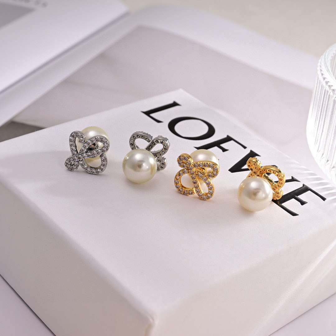Loewe Jewelry Earring Full-Diamond L Letter Pearl Stud Earrings