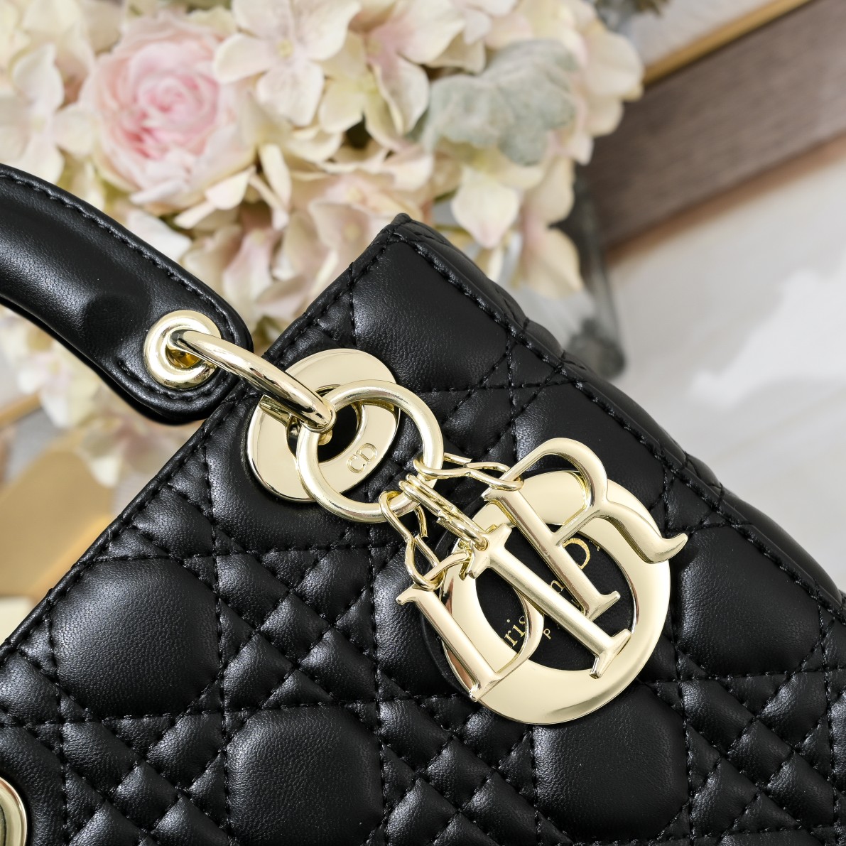 Small Lady Dior My ABCDior Bag Black Gold Sheepskin 1022 LM061 20cm