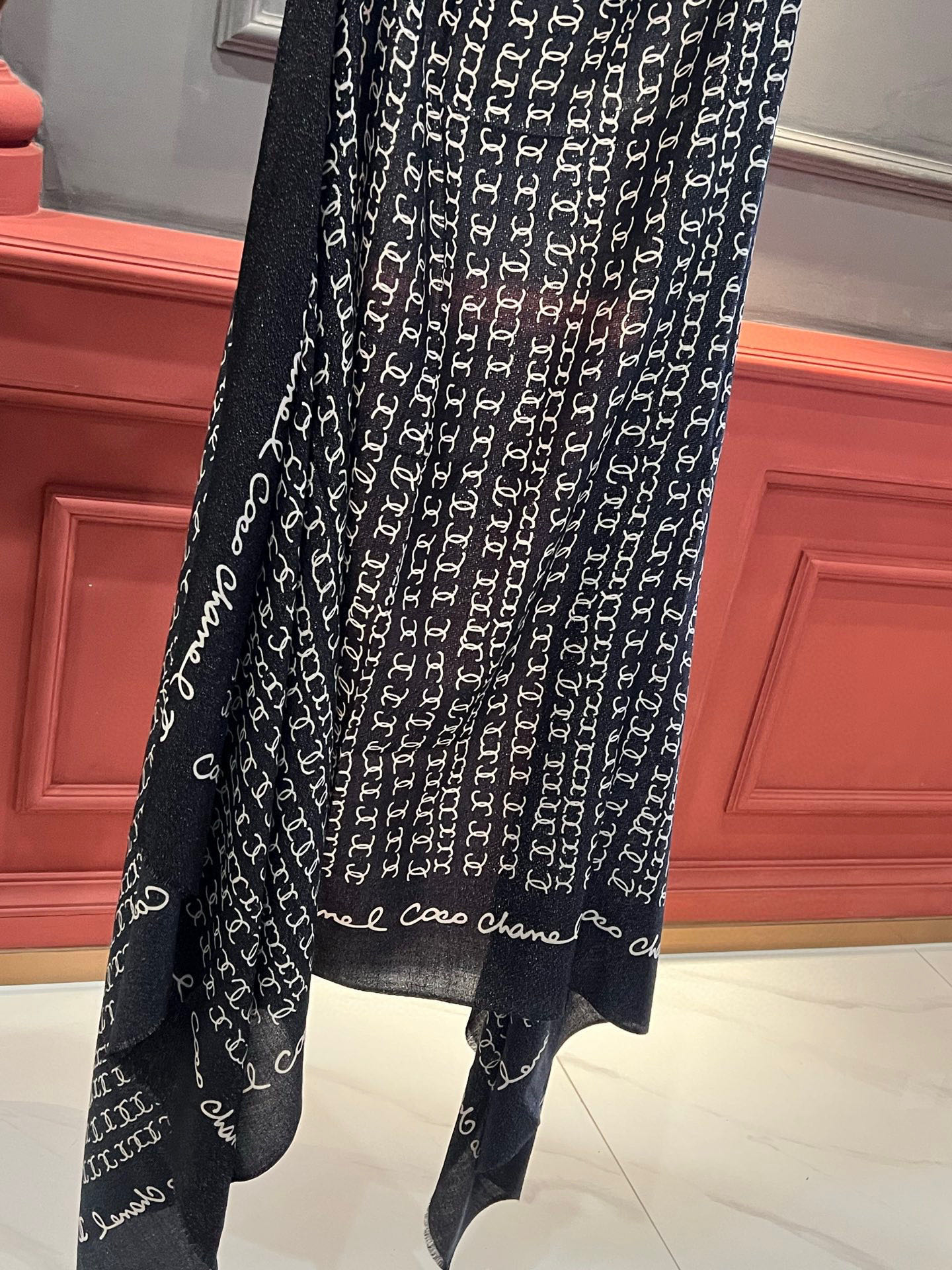 Chanel Scarf Hand-Painted Logo Silver Line Long Scarf 100% Cashmere 110*200cm Accessories