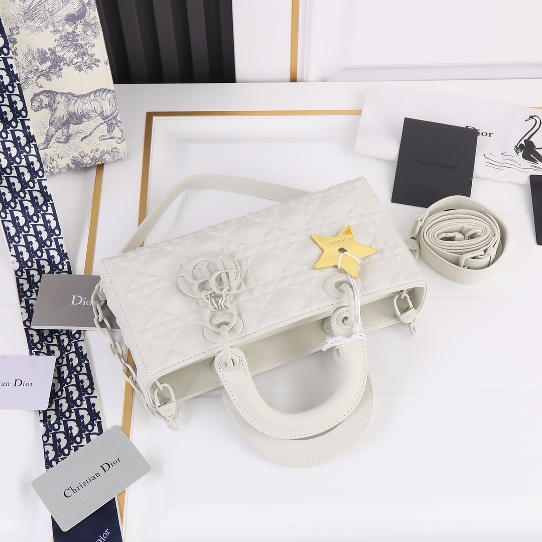Medium Lady D-Joy Bag White with Diamond Motif 2099 XB012 26cm