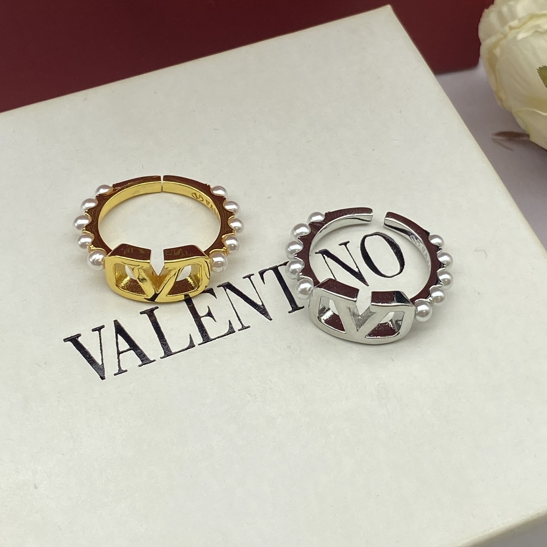 Valentino Jewelry Rings Square V-Logo Adjustable Ring With Pearls