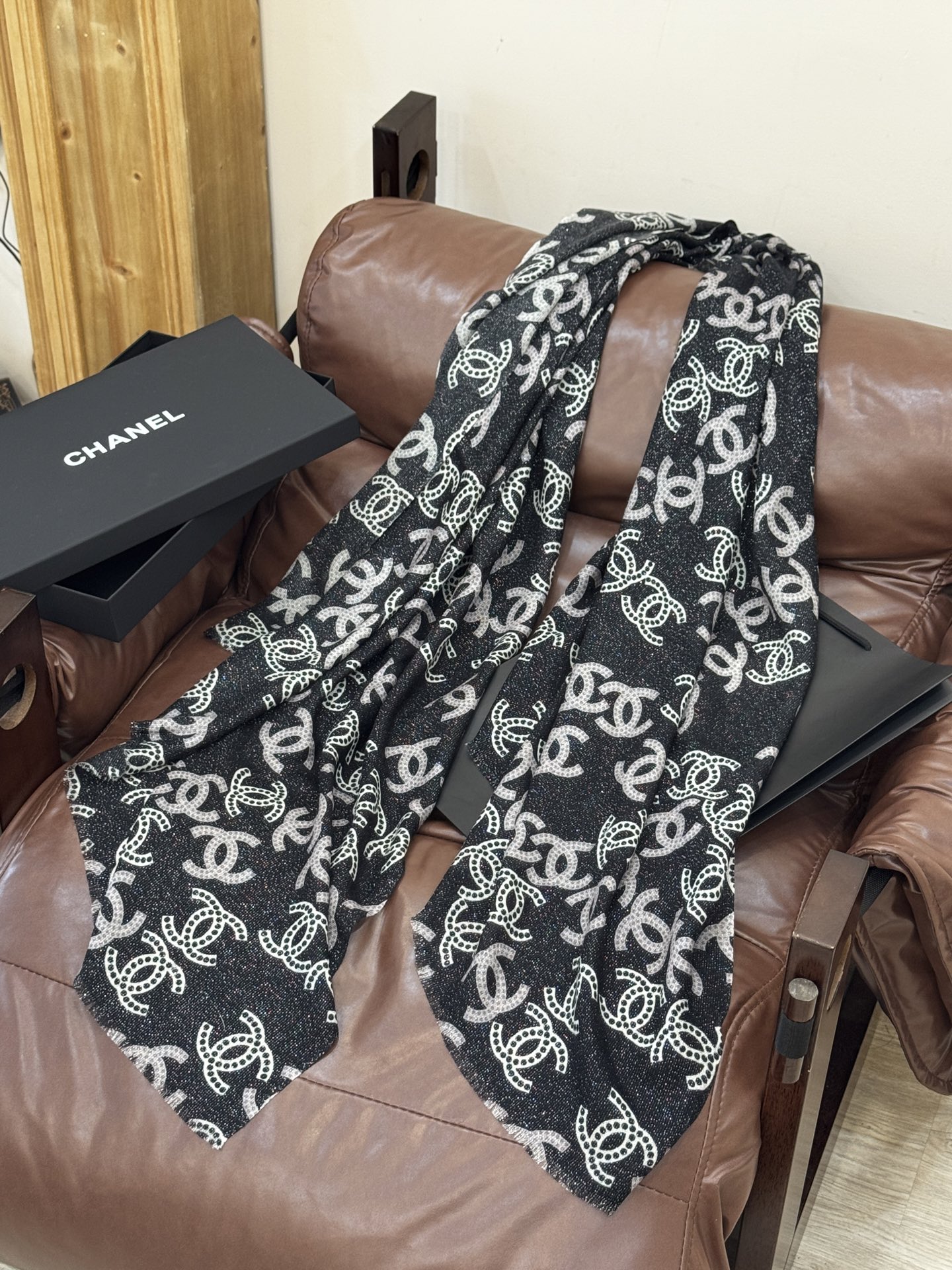 Chanel Scarf Silver Line Double C Pattern Scarf 100% Cashmere 110*200cm Accessories