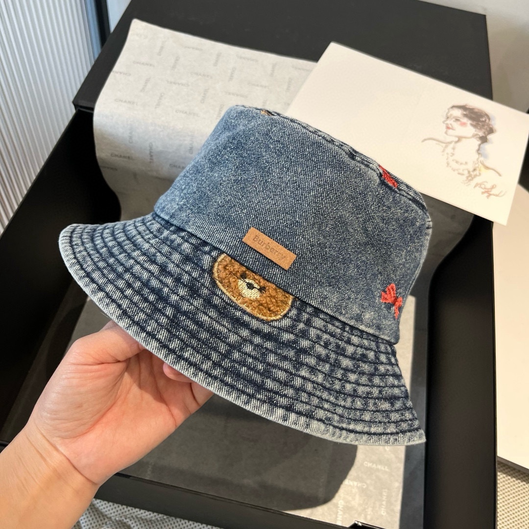 Burberry Hat Bear Bow Embroidered Denim Bucket Hat 57cm Accessories