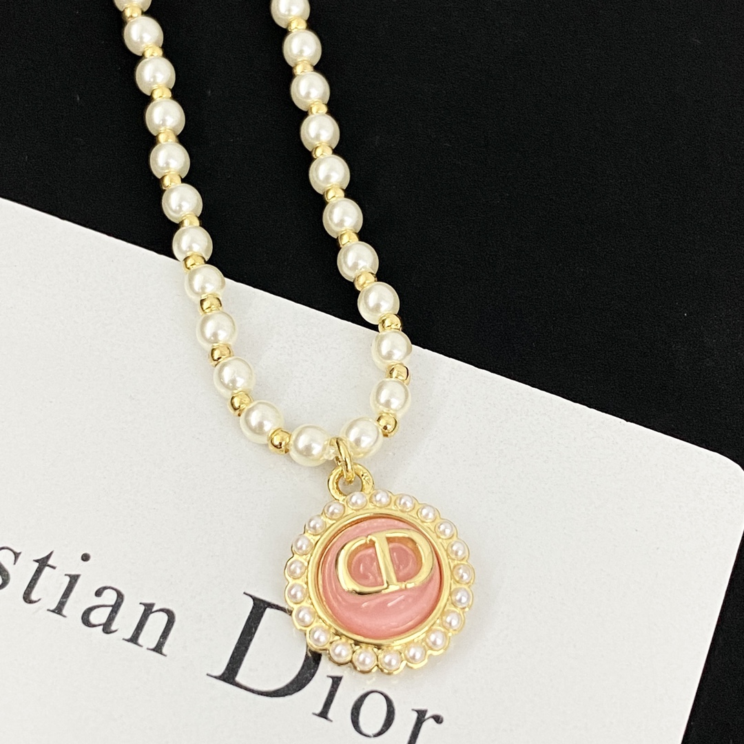 Dior Jewelry Necklace Lce Crystal Powder Round Button Pearl Necklace