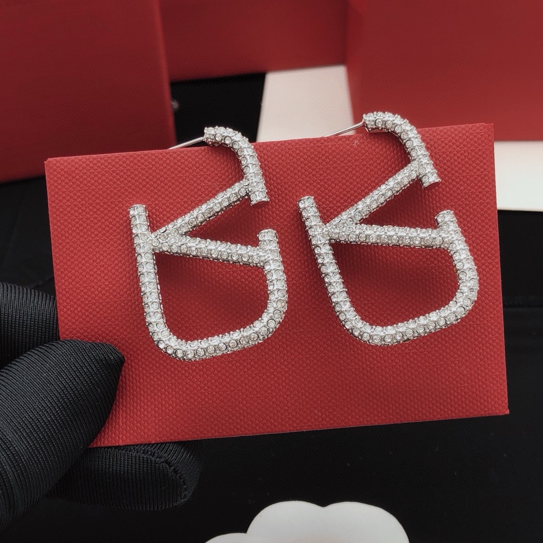 Valentino Jewelry Earring Large Diamond-Studded V-Shaped Stud Earrings