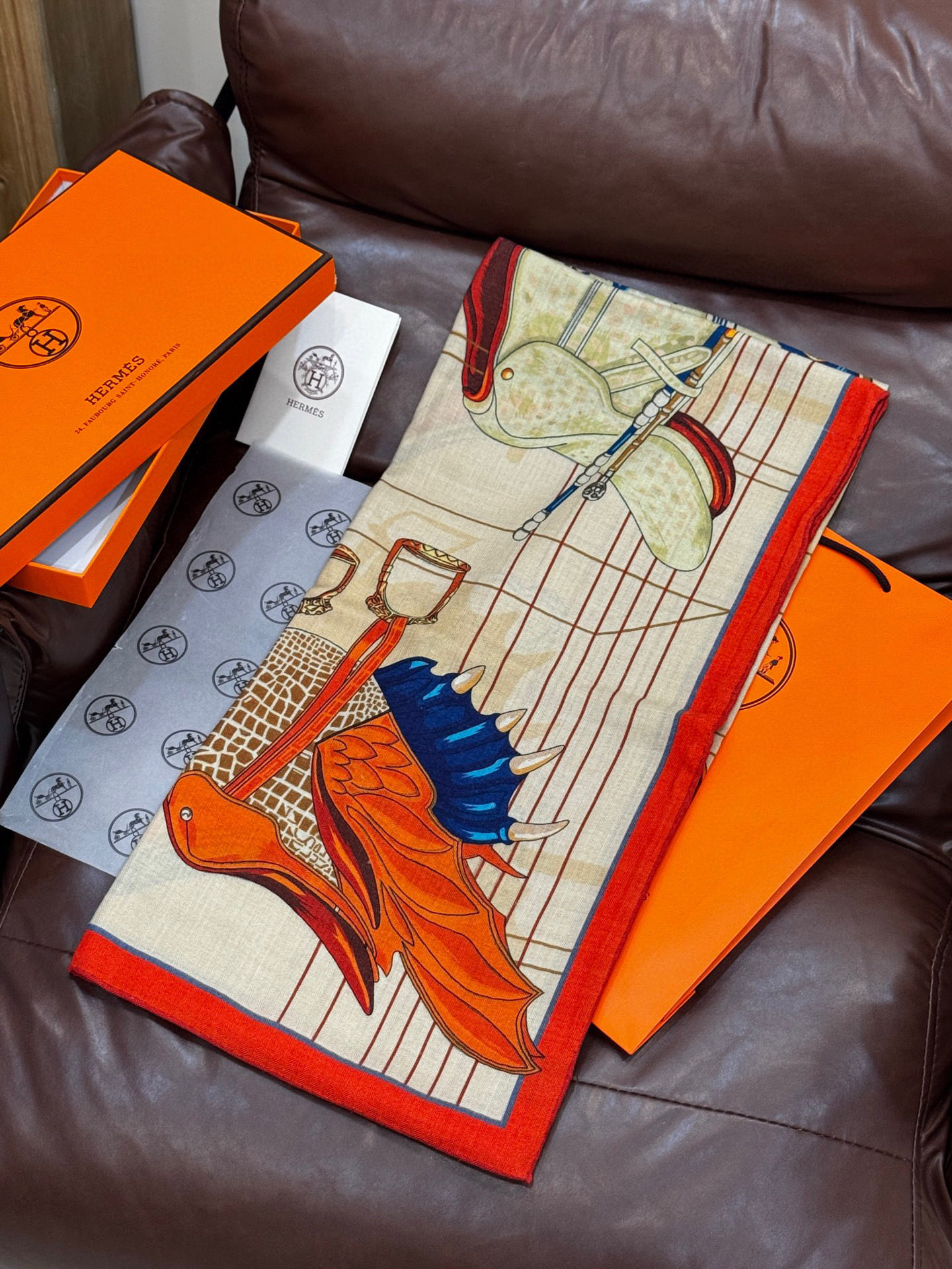 Hermes Scarf Saddle World Square Scarf 30% Silk 70% Wool 140*140cm Accessories