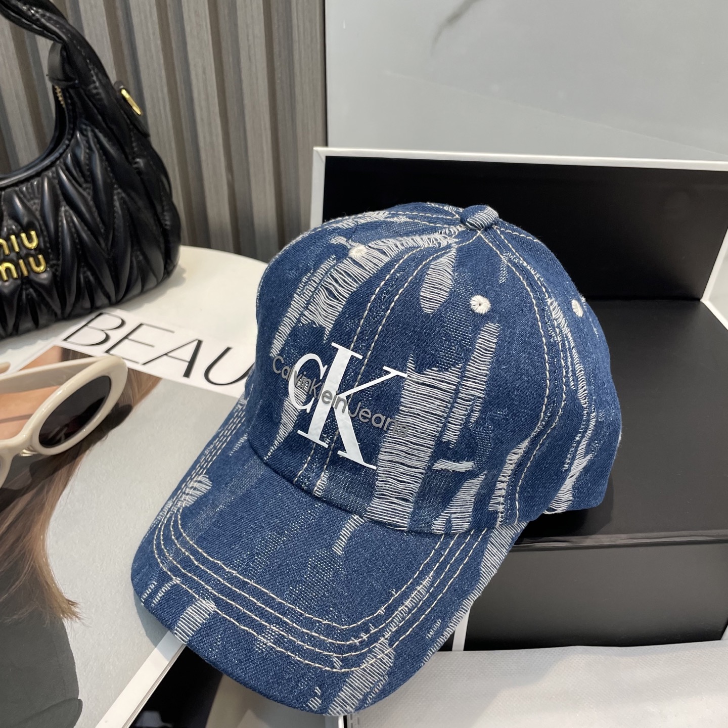 CK Hat Washed Distressed Denim Baseball Cap Accessories