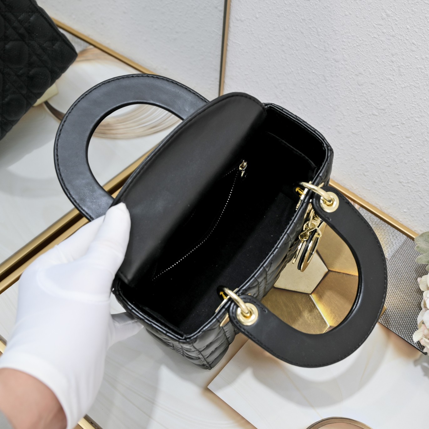 Small Lady Dior My ABCDior Bag Black Gold Sheepskin 1022 LM061 20cm