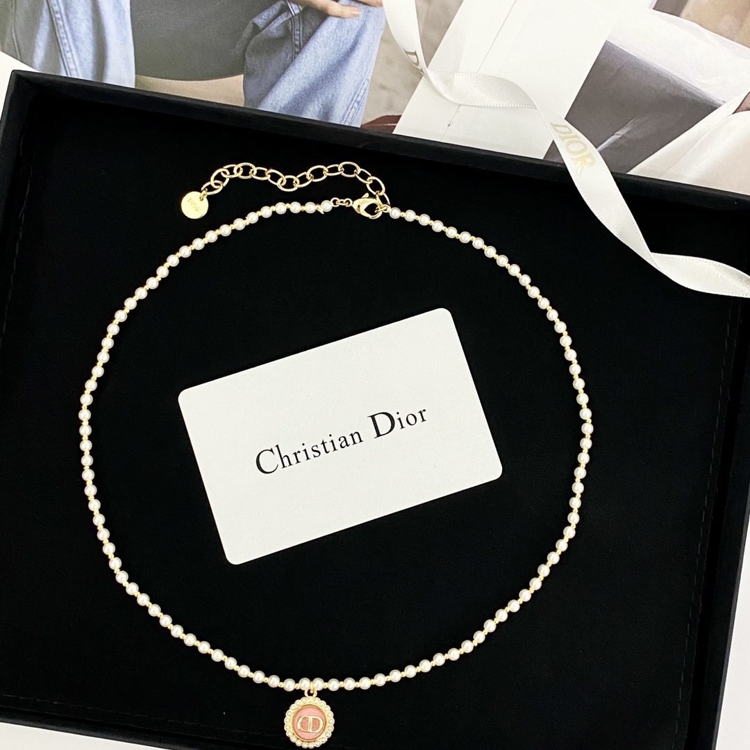 Dior Jewelry Necklace Lce Crystal Powder Round Button Pearl Necklace