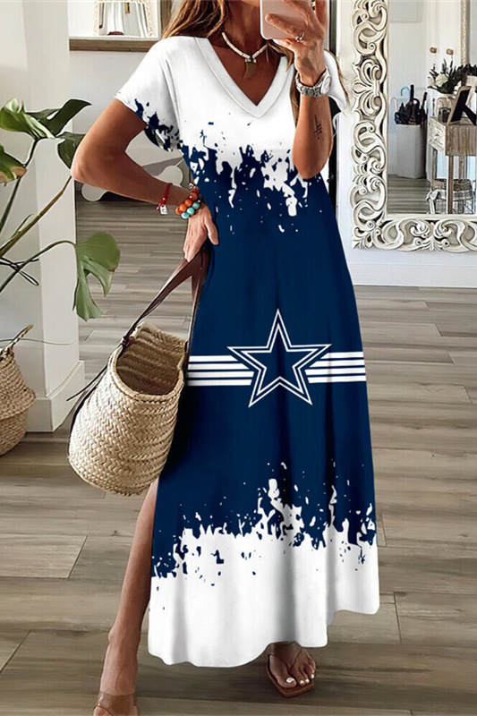Dallas CowboysV-Neck Sexy Side Slit Long Dress - fitnfan