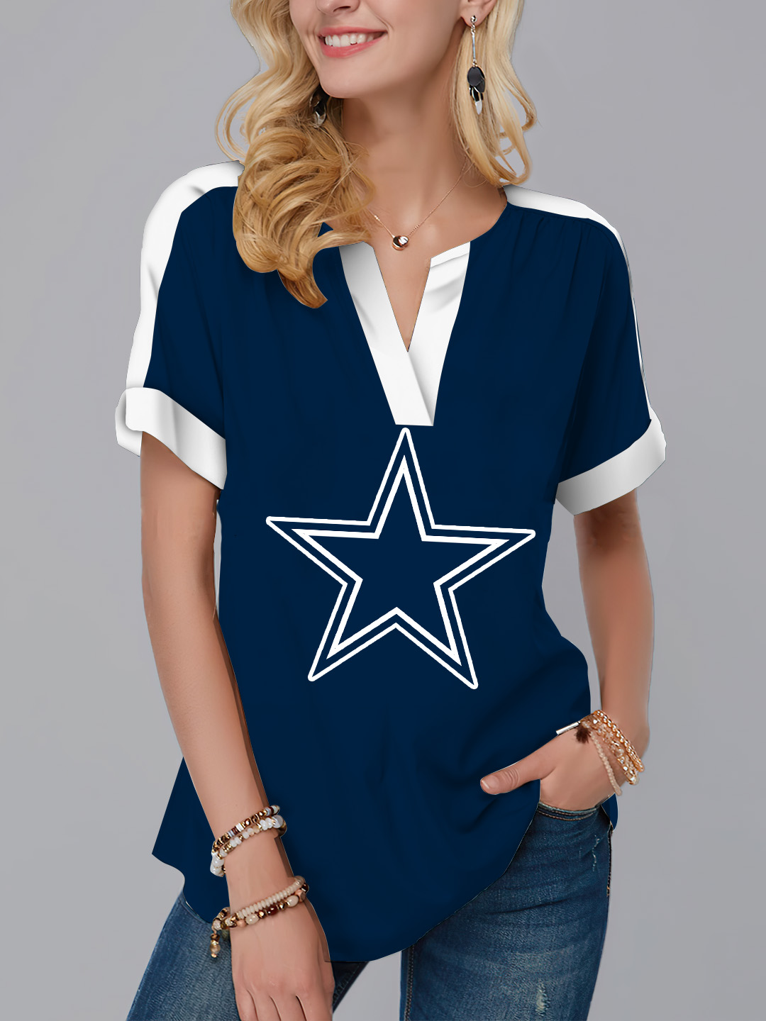 New  Fashion Short Sleeve V-Neck Shirt-Dallas Cowboys - fitnfan