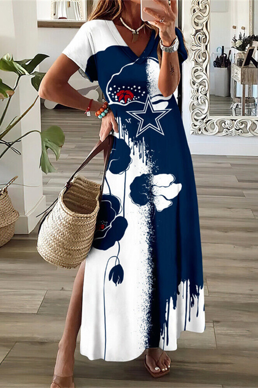Dallas CowboysV-Neck Sexy Side Slit Long Dress - fitnfan