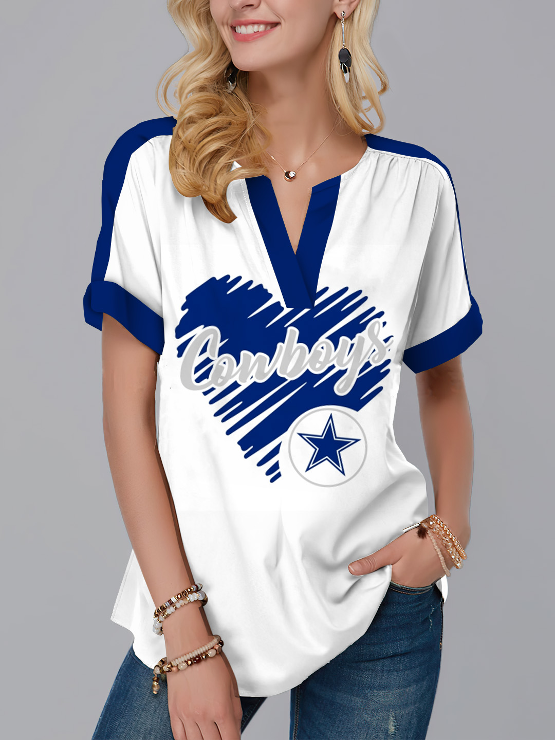 New Fashion Short Sleeve V-Neck Shirt-Dallas Cowboys - fitnfan