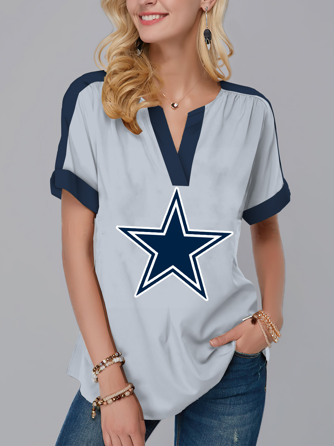New  Fashion Short Sleeve V-Neck Shirt-Dallas Cowboys - fitnfan