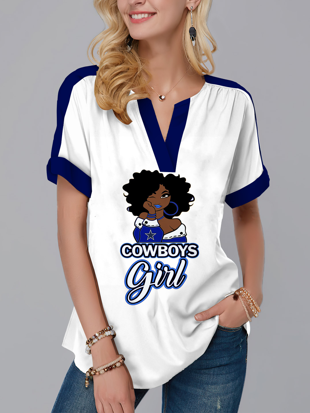 New  Fashion Short Sleeve V-Neck Shirt-Dallas Cowboys - fitnfan