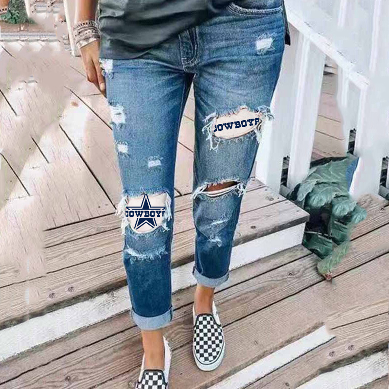 Casual fashion perforated printed jeans-Dallas Cowboys - fitnfan