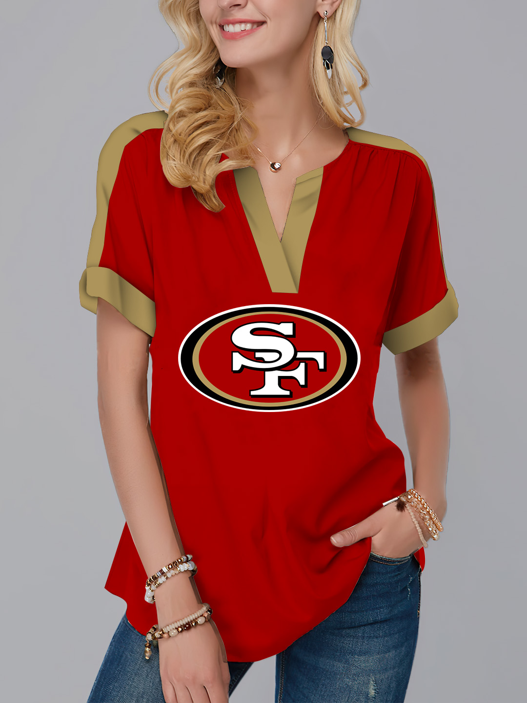 New  Fashion Short Sleeve V-Neck Shirt-San Francisco 49ers - fitnfan