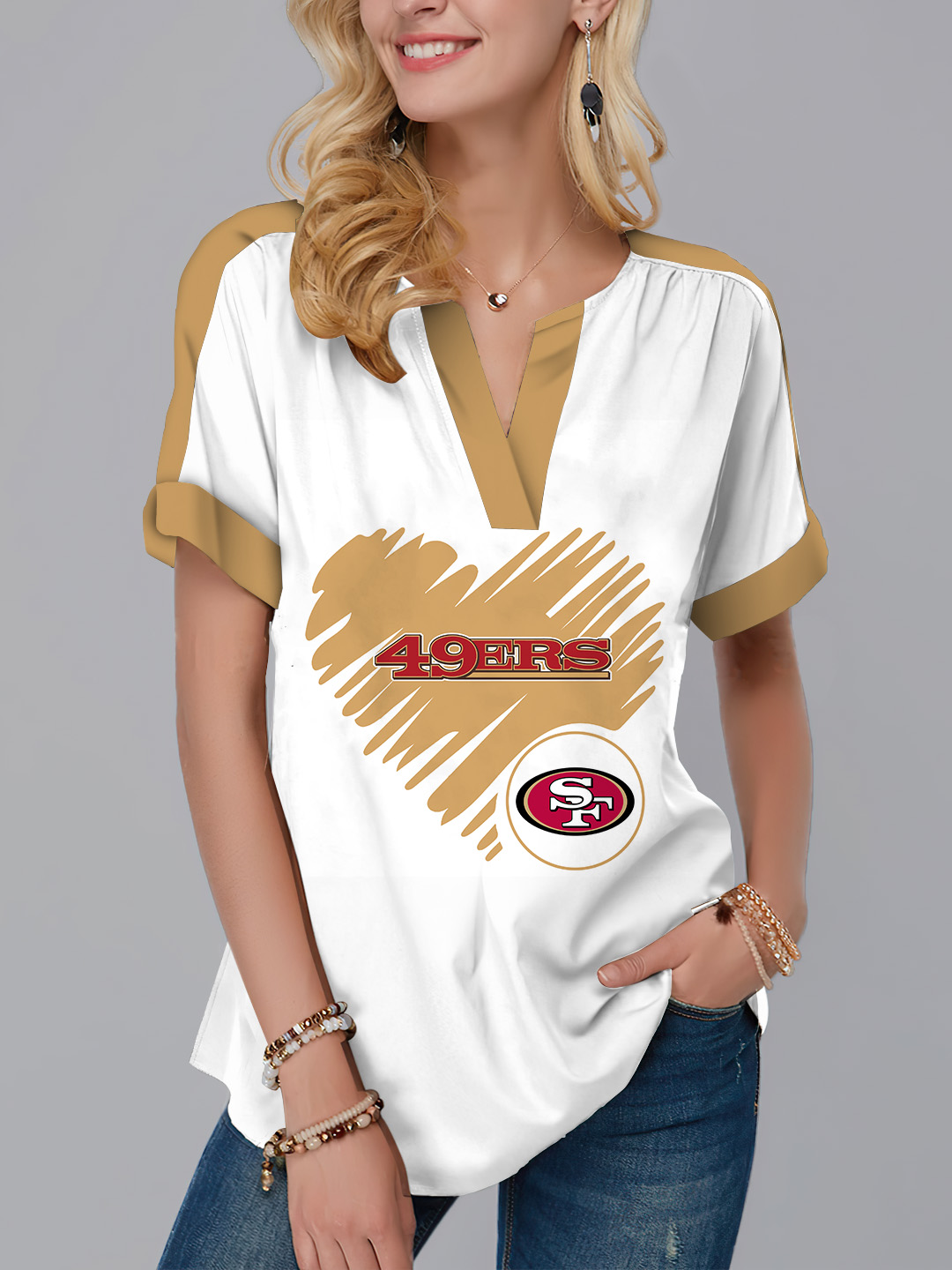 New Fashion Short Sleeve V-Neck Shirt-San Francisco 49ers - fitnfan