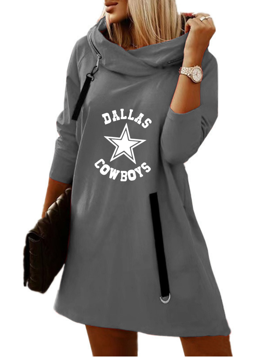 Women's Cowl Neck Zipper Hooded Sweatshirt-Dallas Cowboys - fitnfan