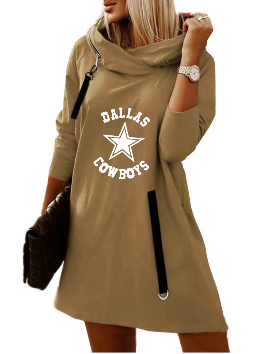 Women's Cowl Neck Zipper Hooded Sweatshirt-Dallas Cowboys - fitnfan