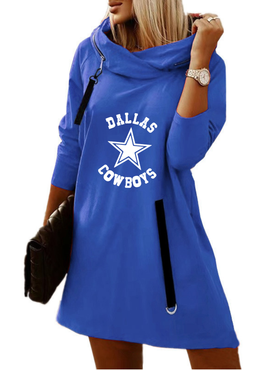 Women's Cowl Neck Zipper Hooded Sweatshirt-Dallas Cowboys - fitnfan
