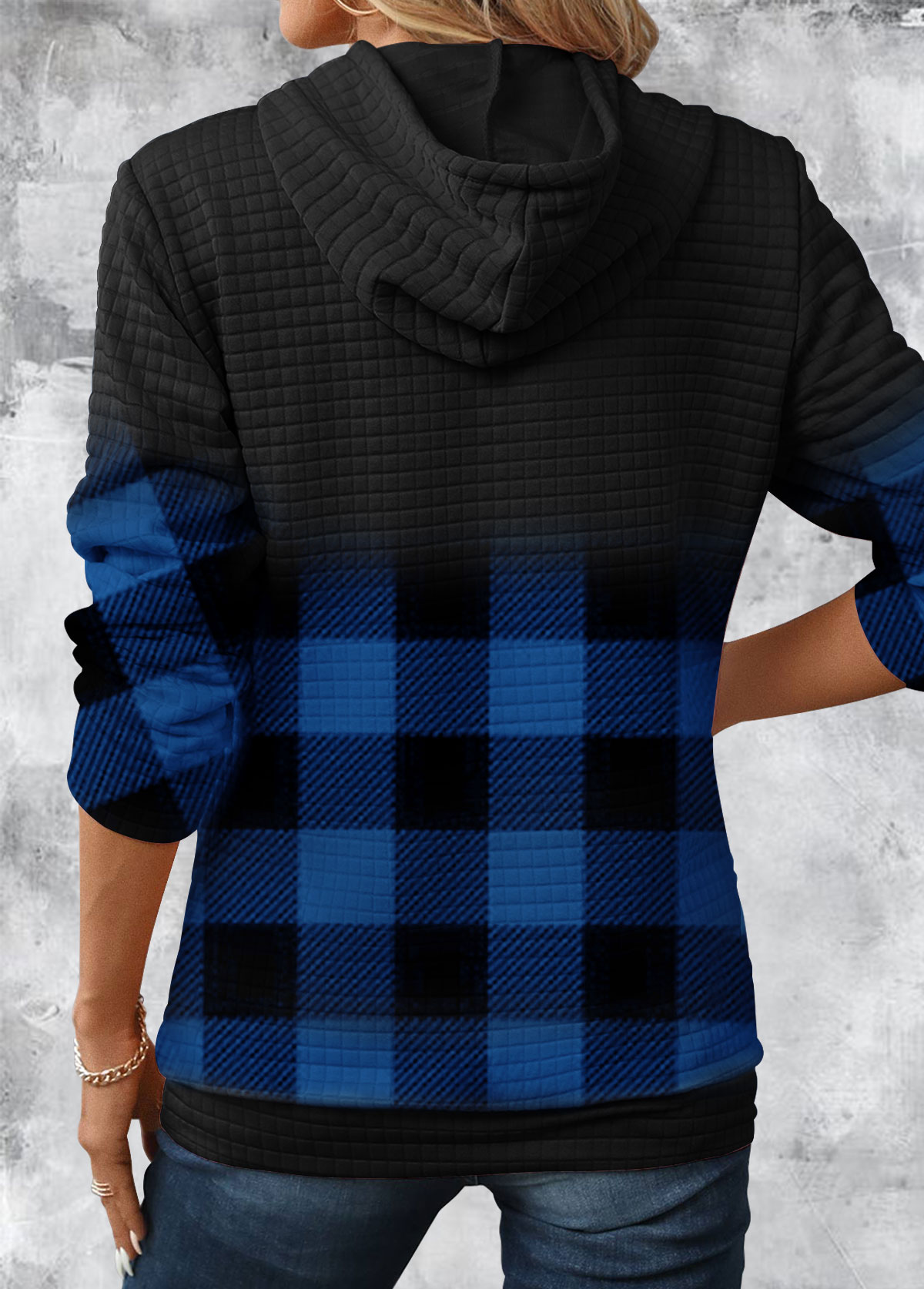 Gradient Patchwork Plaid Long Sleeve Hoodie-Buffalo Bills - fitnfan