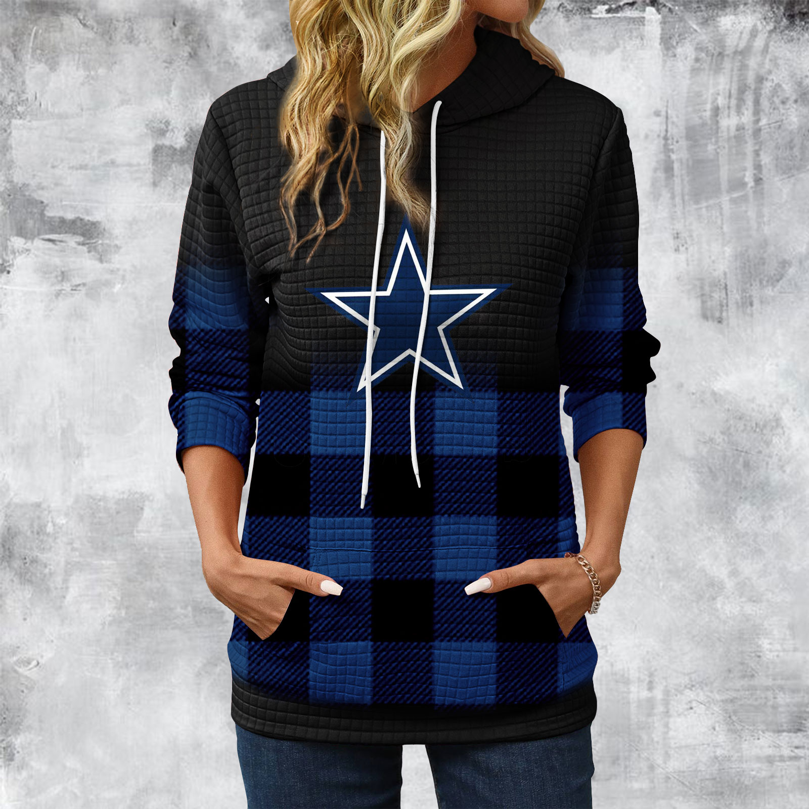 Gradient Patchwork Plaid Long Sleeve Hoodie - fitnfan