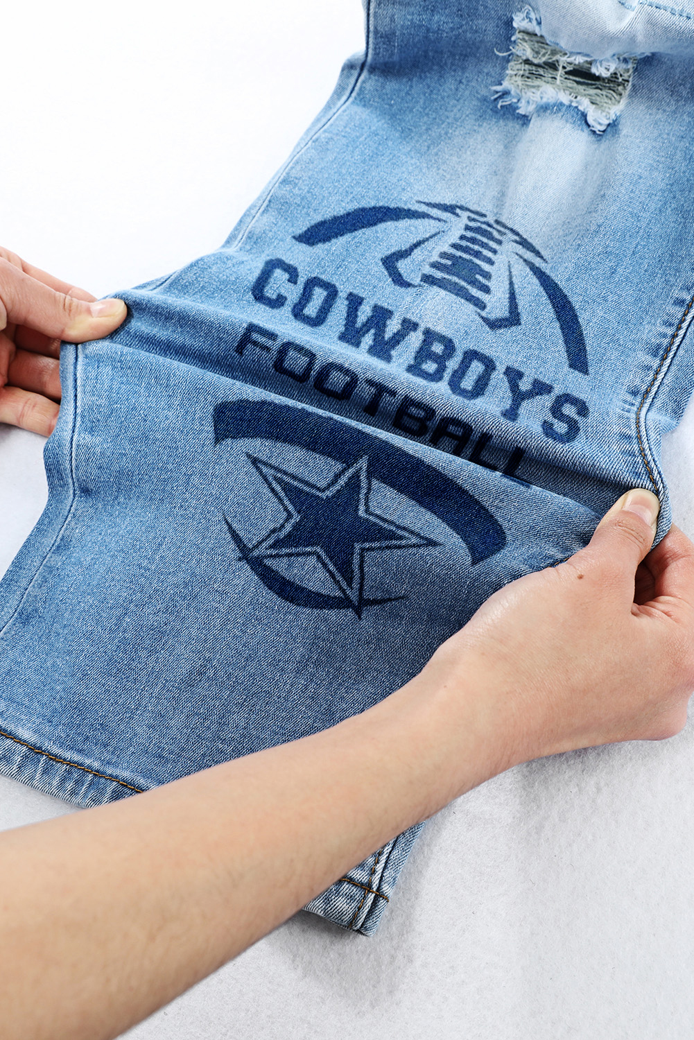 STRETCH RIPPED FRAYED RAW HEM DISTRESSED DENIM JEANS WITH HOLE-Dallas Cowboys - fitnfan