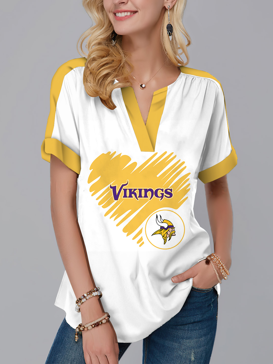 New  Fashion Short Sleeve V-Neck Shirt-Minnesota Vikings - fitnfan