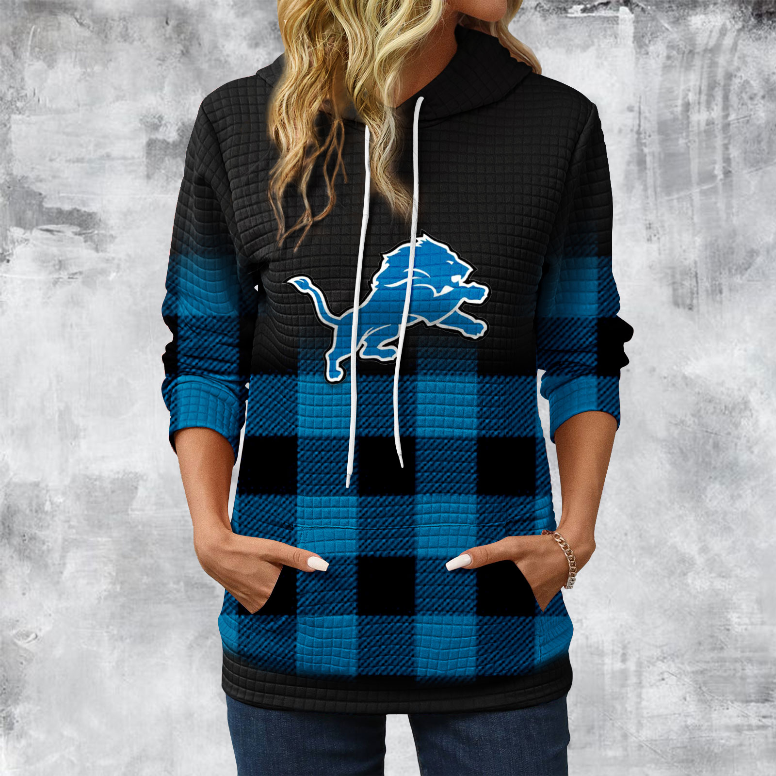 Gradient Patchwork Plaid Long Sleeve Hoodie-Detroit Lions - fitnfan