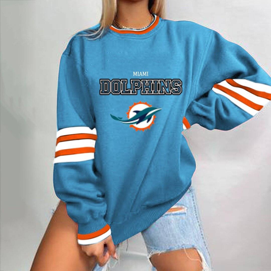 Miami Dolphins Loose Urban Casual Letter Crew Neck Pullover Sweatshirt-Miami Dolphins - fitnfan