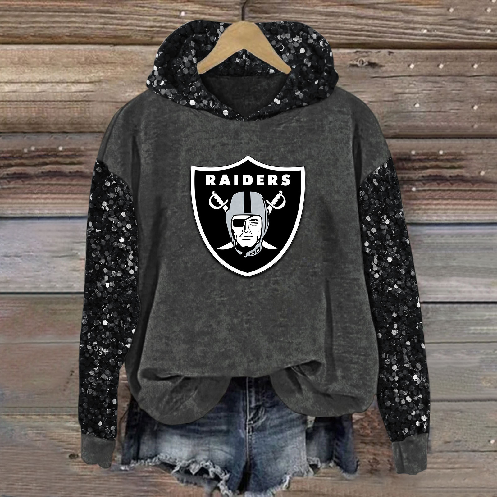 Sequined Sleeves Vintage Hoodie-Las Vegas Raiders - fitnfan