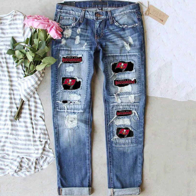 Casual fashion perforated printed jeans-Tampa Bay Buccaneers - fitnfan