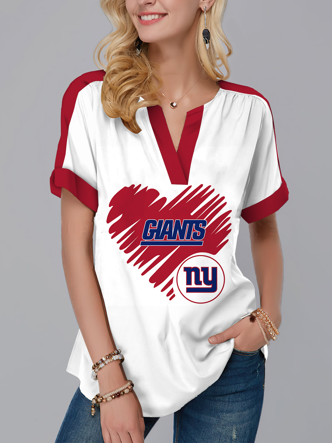 New York Giants  Fashion Short Sleeve V-Neck Shirt-New York Giants - fitnfan