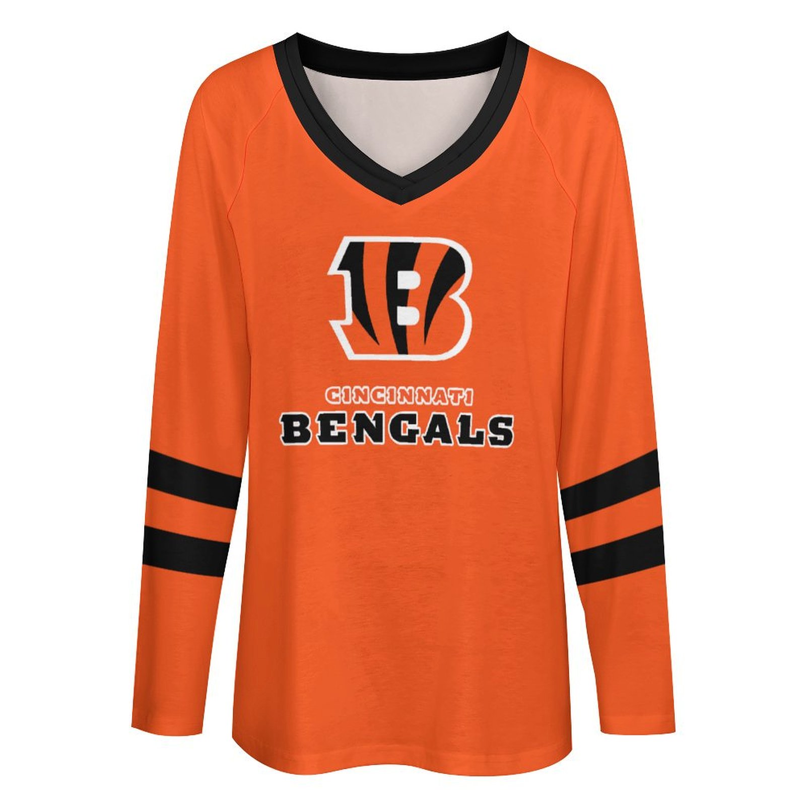 Cincinnati Bengals Women's V-neck Double-layered Long-sleeved Loose T-shirt-Cincinnati Bengals - fitnfan