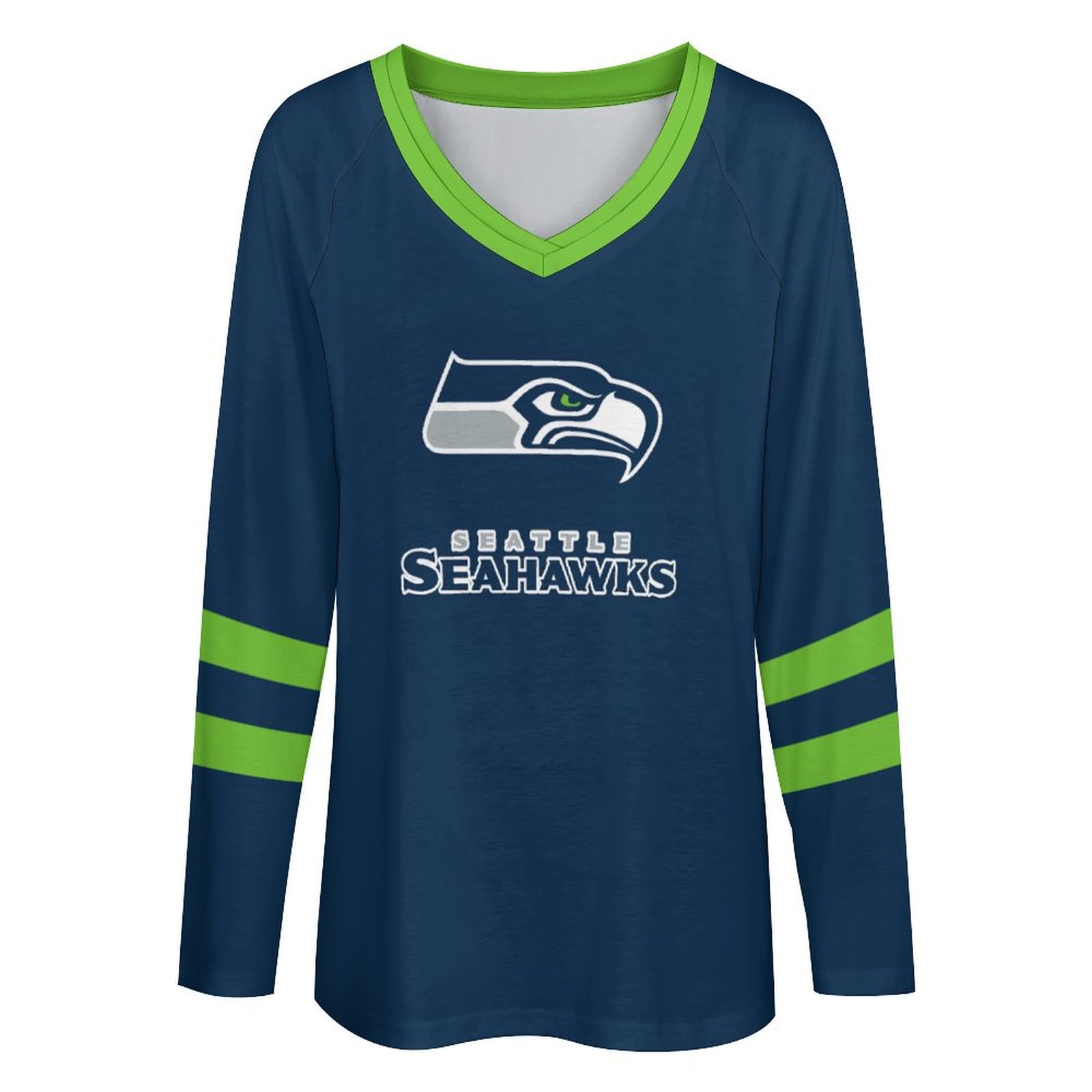 Seattle Seahawks Women's V-neck Double-layered Long-sleeved Loose T-shirt-Seattle Seahawks - fitnfan