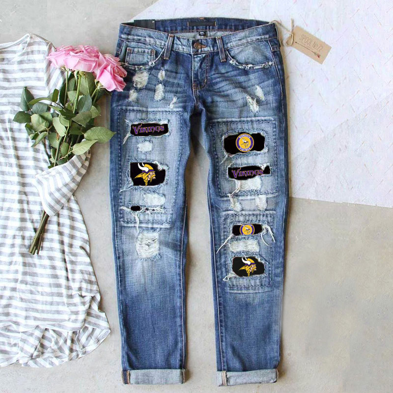 Casual fashion perforated printed jeans-Minnesota Vikings - fitnfan