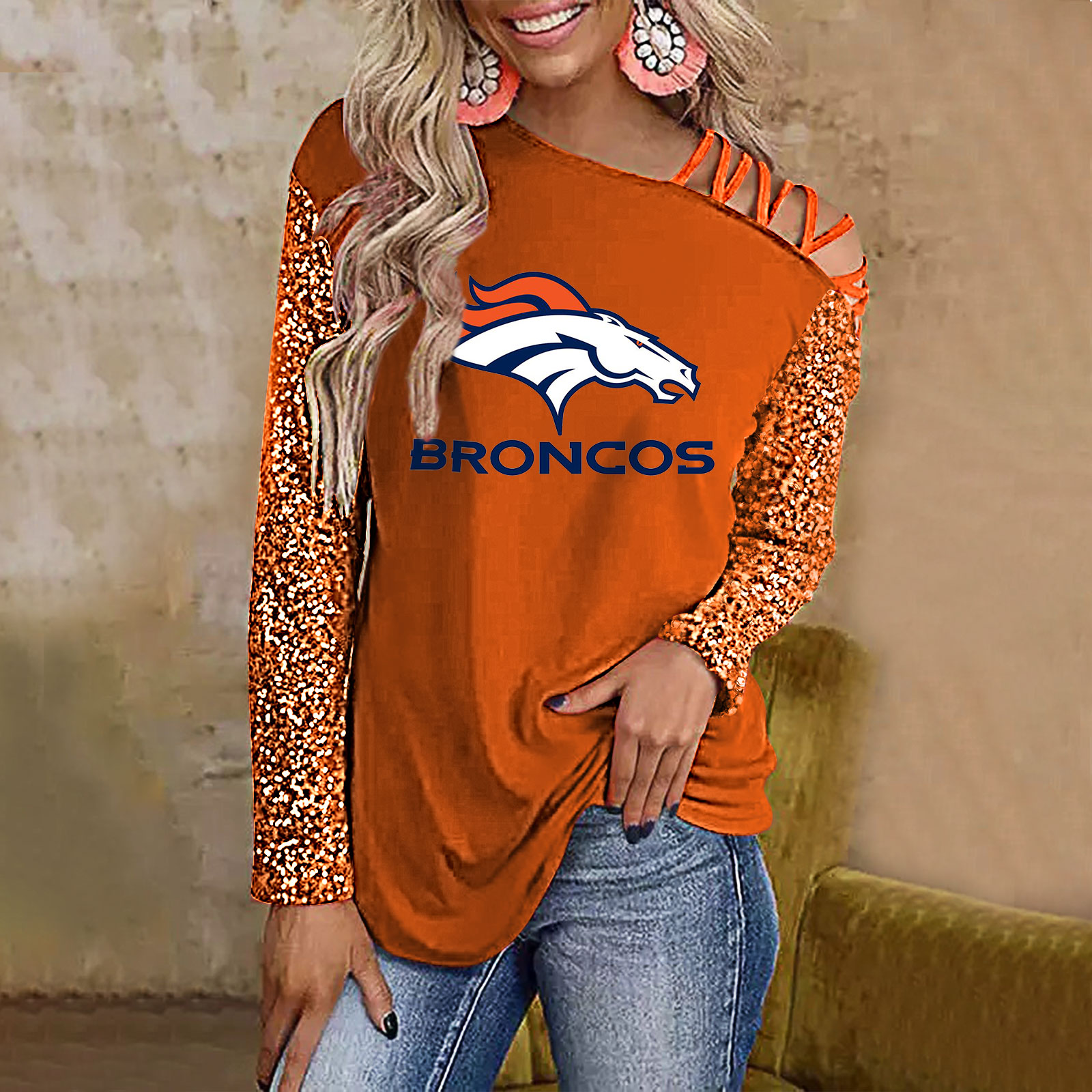 Color-Blocked Criss-Cross One Shoulder Blouse-Denver Broncos - fitnfan