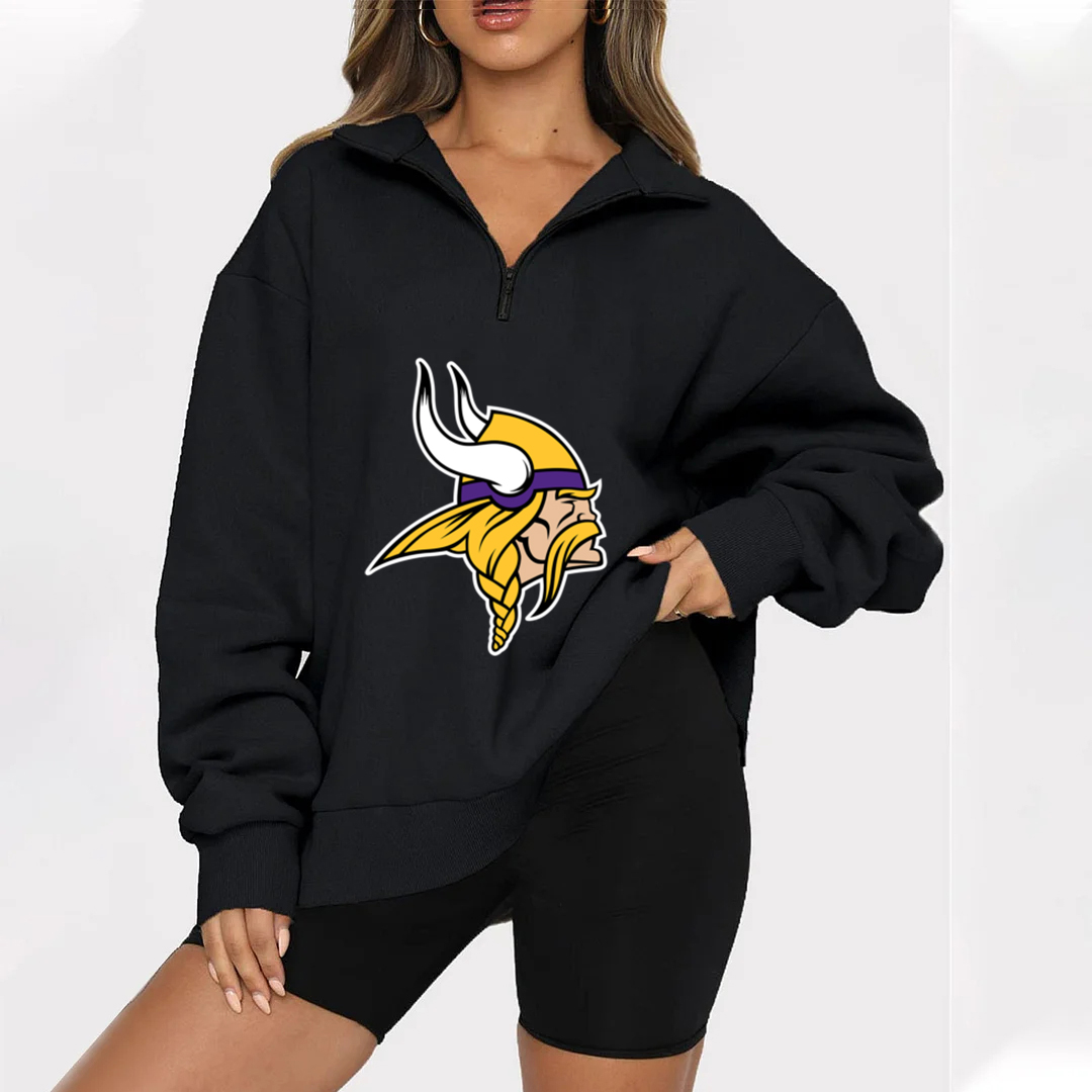 New Ladies Sports Leisure Lapel Zipper Sweatshirt-Minnesota Vikings - fitnfan