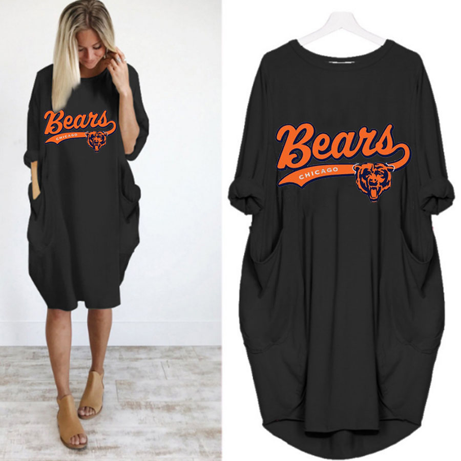 Simple Casual loose pocket long sleeve dress-Chicago Bears - fitnfan