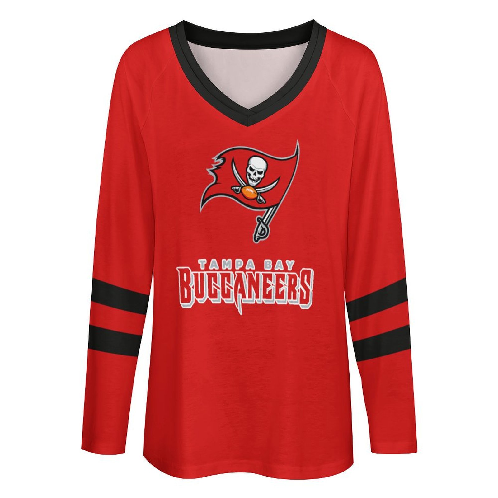 Tampa Bay Buccaneers Women's V-neck Double-layered Long-sleeved Loose T-shirt-Tampa Bay Buccaneers - fitnfan