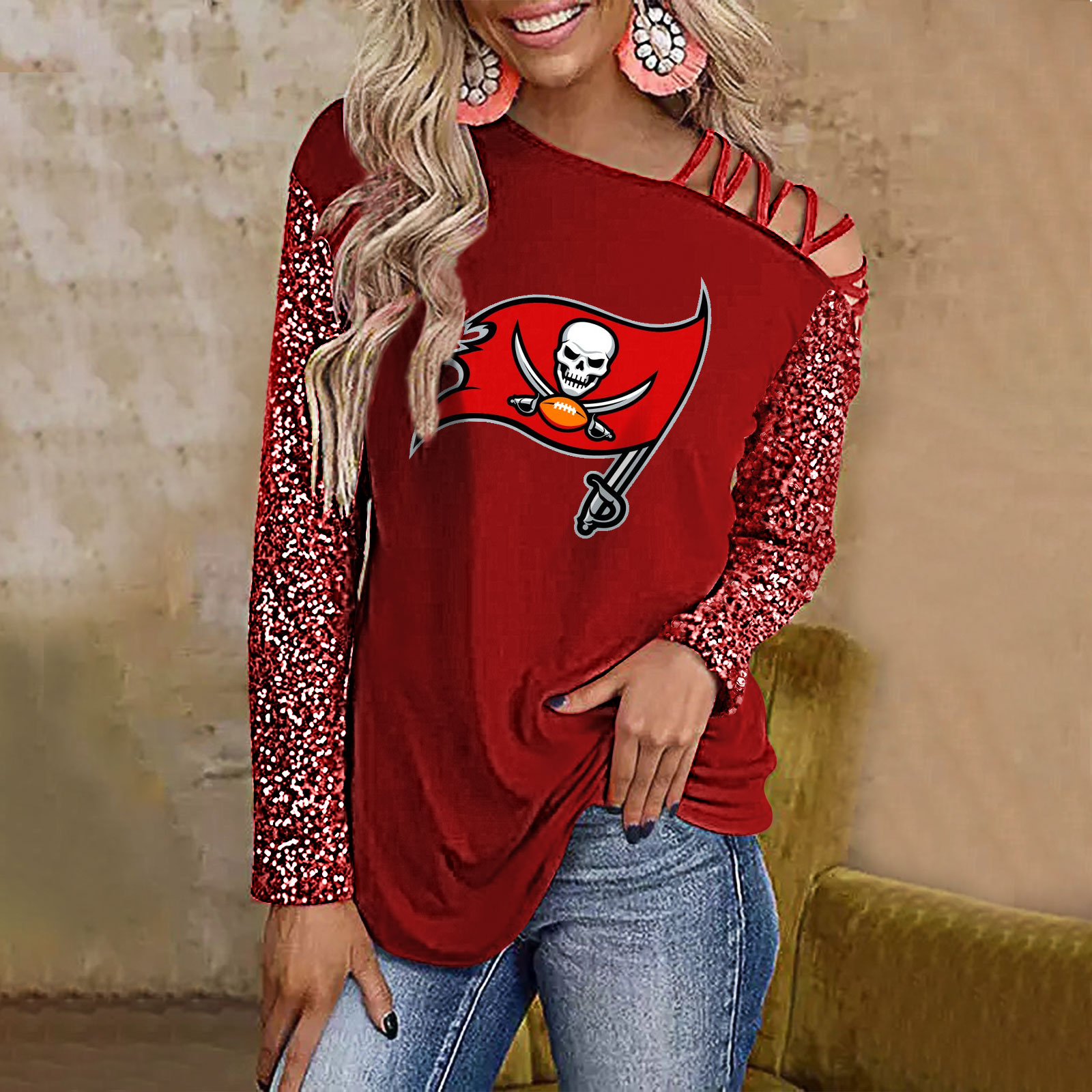 Color-Blocked Criss-Cross One Shoulder Blouse-Tampa Bay Buccaneers - fitnfan