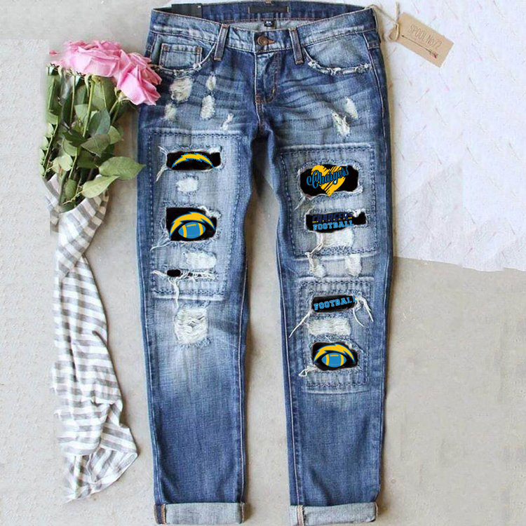 Casual fashion perforated printed jeans-Los Angeles Rams - fitnfan