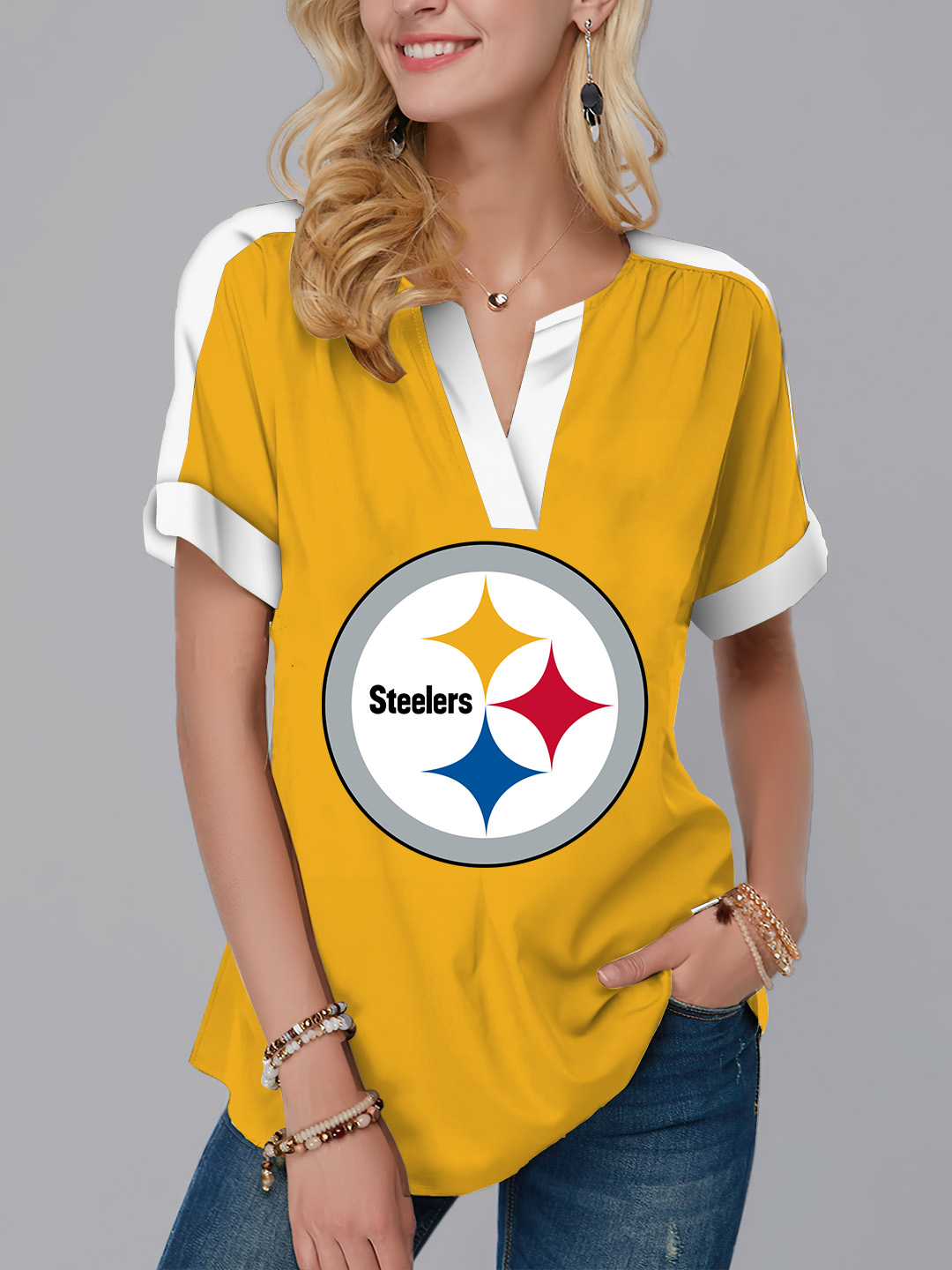 New  Fashion Short Sleeve V-Neck Shirt-Pittsburgh Steelers - fitnfan