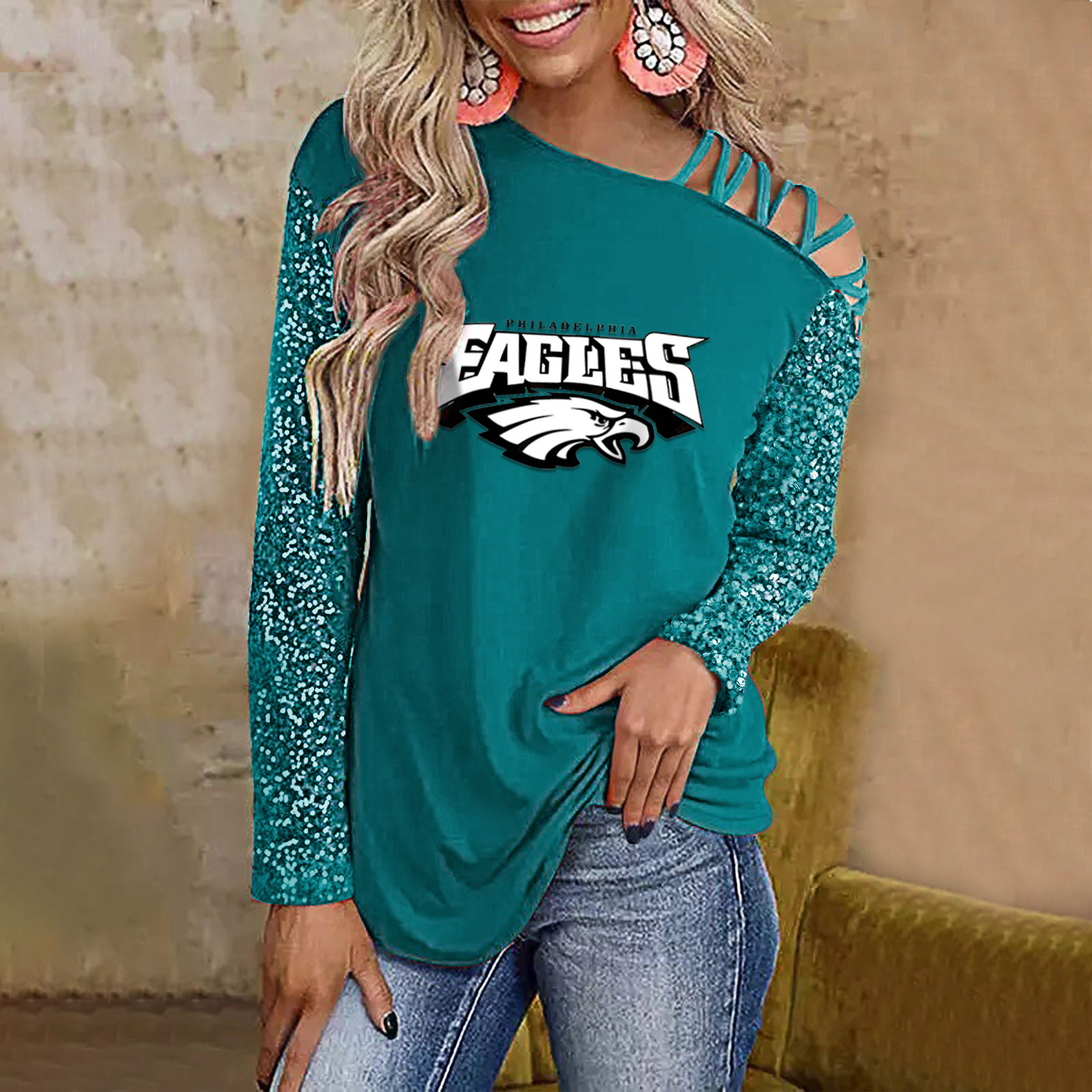 Color-Blocked Criss-Cross One Shoulder Blouse-Philadelphia Eagles - fitnfan